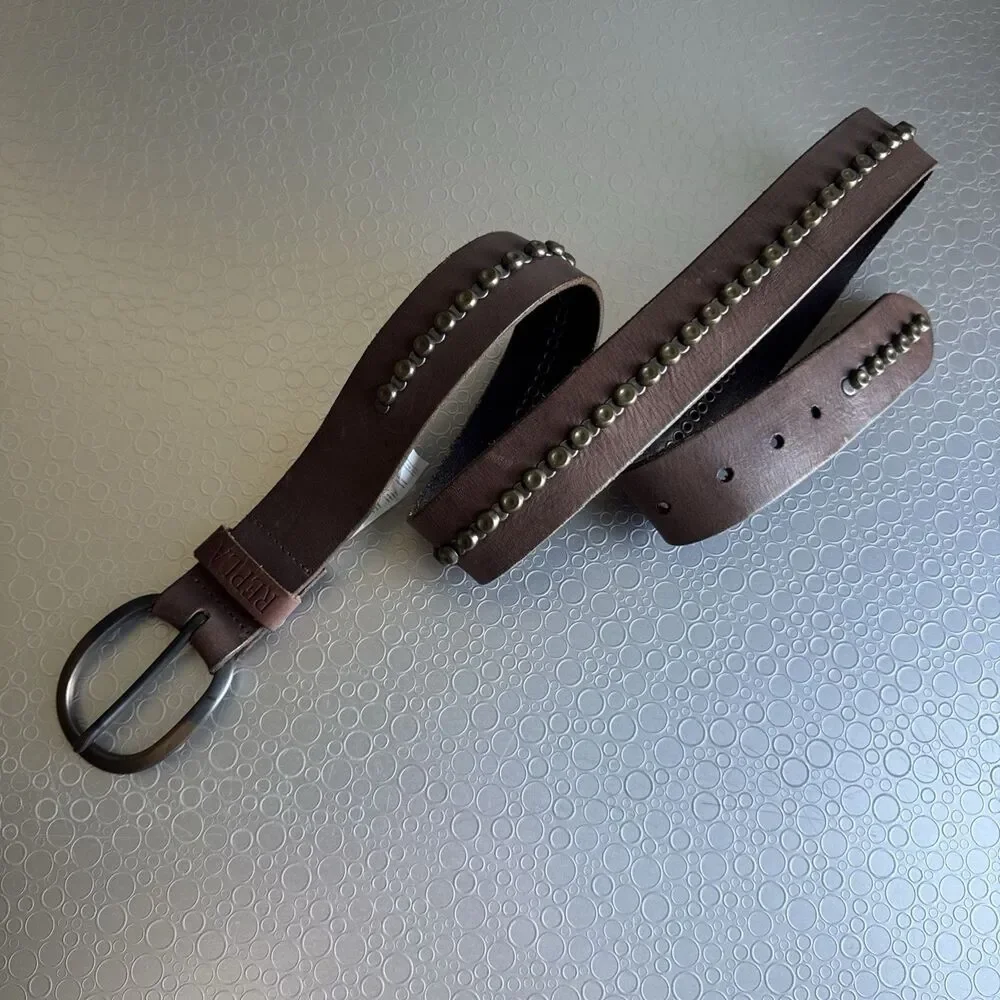 Replay Italian Leather Studded Belt Brown Bronze Steampunk Moto - Size 100 US 38